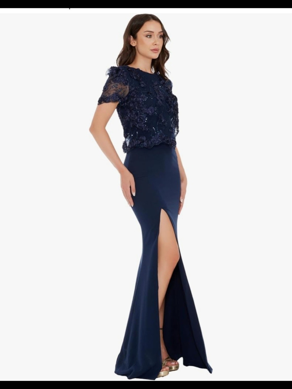 Dress the Population Navy Lace Two-Piece Evening Gown with Front Slit